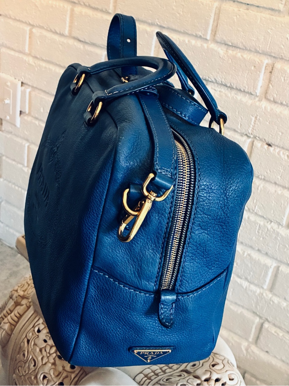 💙 PRADA Vitello Daino Bauletto Satchel Crossbody Bag Blue Very Chic EUC - Picture 5 of 17